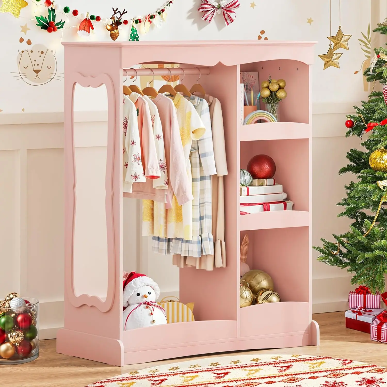 with Flower Mirror, Open Hanging Closet Wardrobe for Children, Kids Armoire & Costume Organizer for Bedroom Playroom,