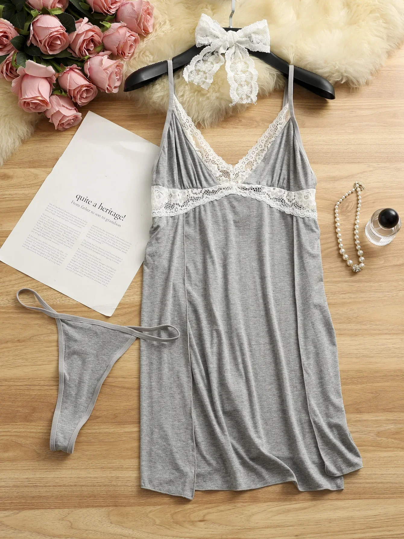 Pyjama à bretelles en coton pour femmes, lingerie confortable, ensemble sexy en dentelle, sous-vêtements à fente haute, tentation bébé, non transparent