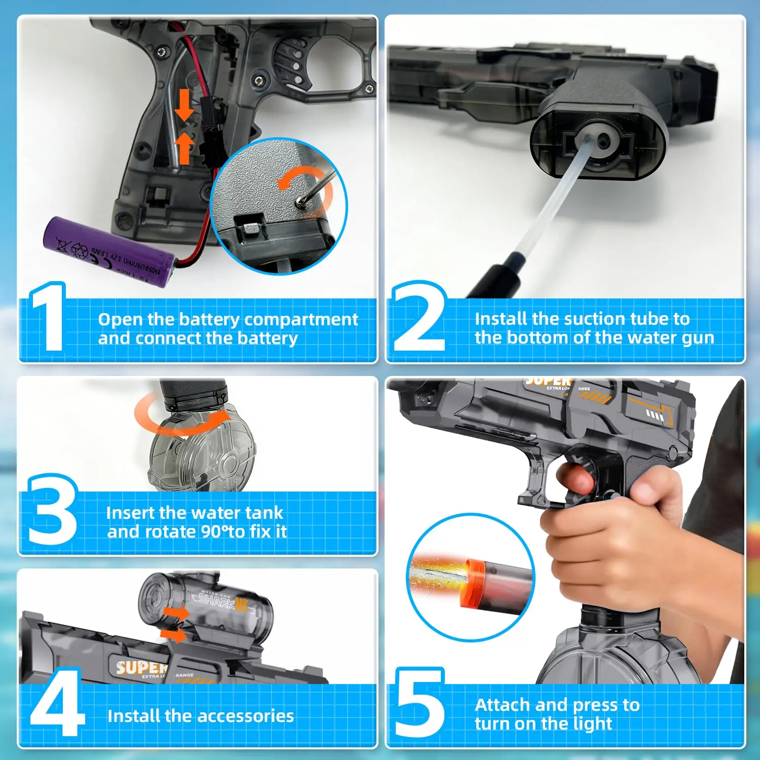 Electric Water Gun for Kids Adults, Automatic Squirt Gun Pistol with Light, Leak-Proof Rechargeable Water Gun for Pool Beach Toy view 4