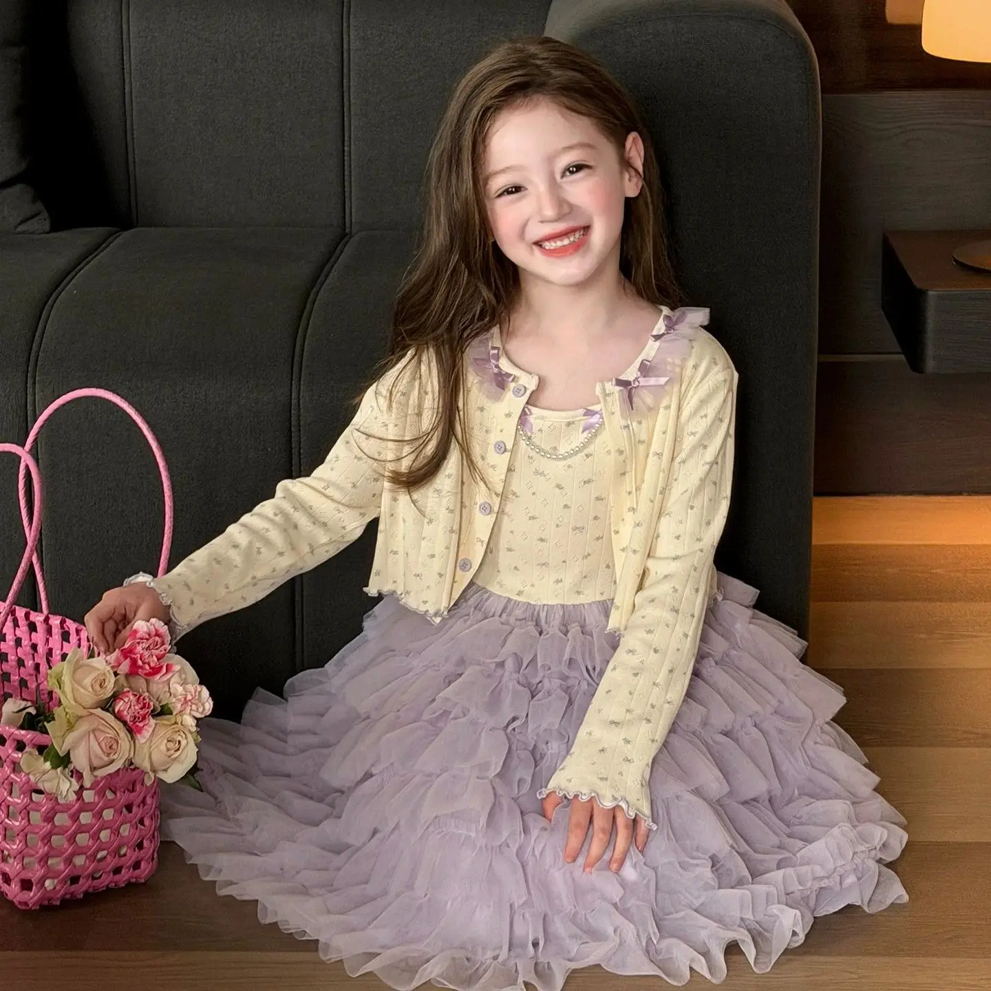 Girls' clothing fresh floral mesh dress 2026 spring and autumn children's suspender princess dress two-piece set