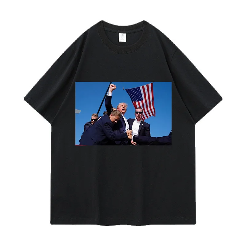 2024 7.13 Trump Pennsylvania Assassination Pattern Printing Black Cotton T-shirt Casual Top Fans of The Presidential Election