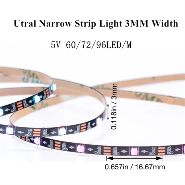 3mm Width PCB WS2812B Pixel LED Strip Mini 2020 SMD 60 72 96 LED/m RGB Individually Addressable Tape 5V Tape Light For Monitor