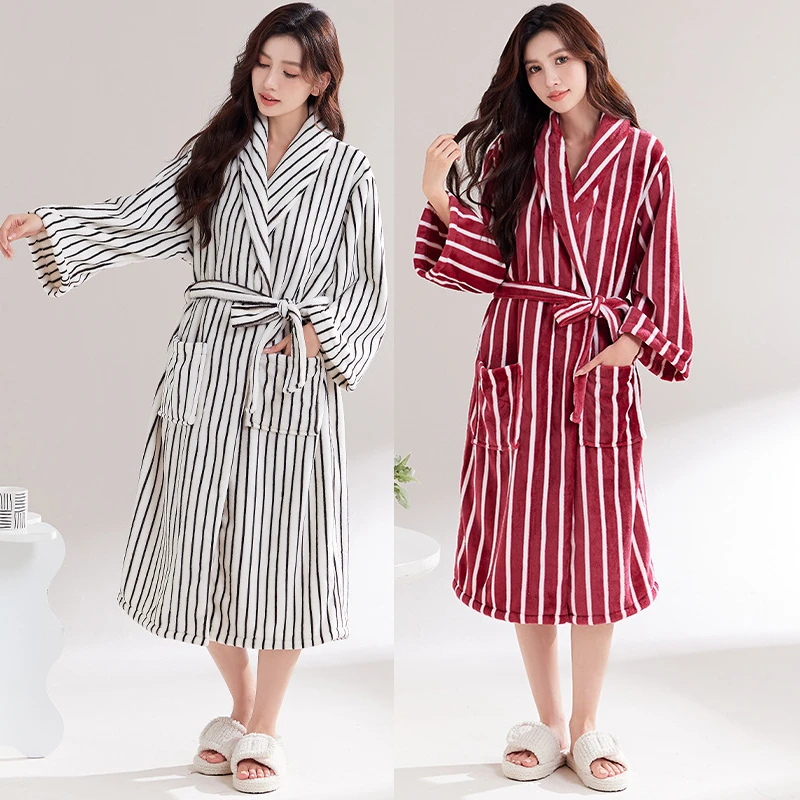 الشتاء الفانيلا ثوب النوم رداء الإناث مقنعين مخطط المرجان برنس حمام ناعم كيمونو ملابس خاصة سميكة الدافئة فستان المنزل المتسكعون