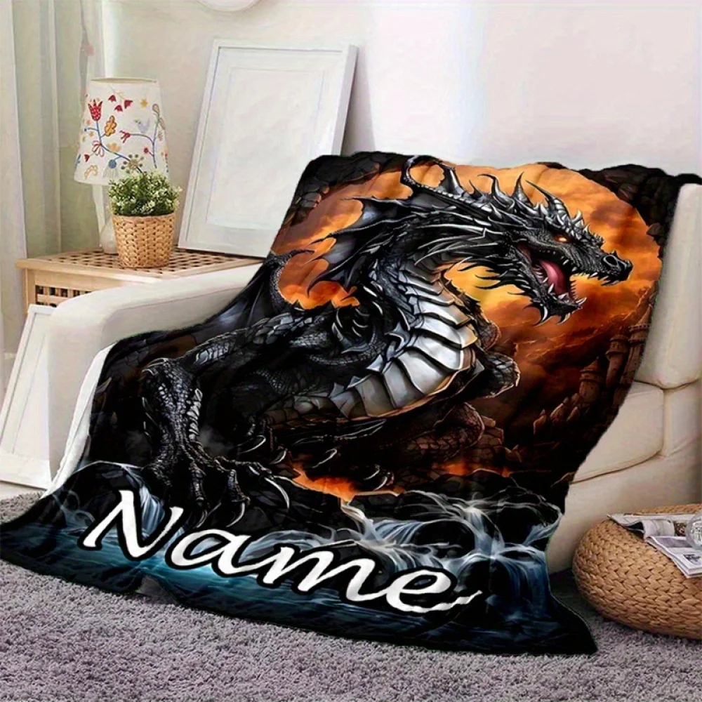 قطعة واحدة من بطانية فانيلا التنين الأسود ذات الاسم المخصص لجميع المواسم، خيار نصي شخصي، مثالي للأريكة وغرفة النوم وغرفة المعيشة