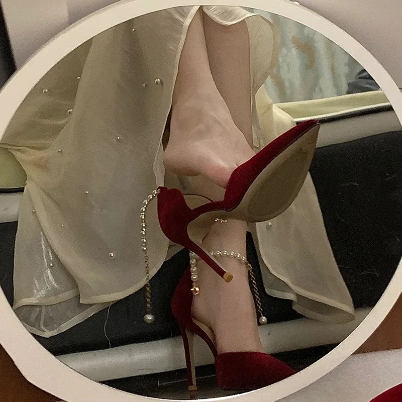 Pointed Suede Pearl High Heels for women, Slim Heels For Adults, Gift Pack Head Sandals For Brides, Xiuhe Wine Red Wedding Shoes