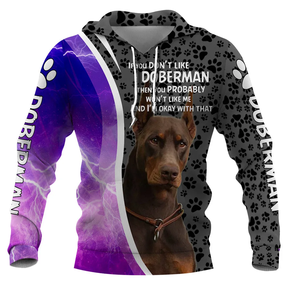 

HX Doberman Hoodies Animals Dog Purple Lightning Grey Paw Sweatshirts Fashion Casual Pullovers Unisex Sportswear