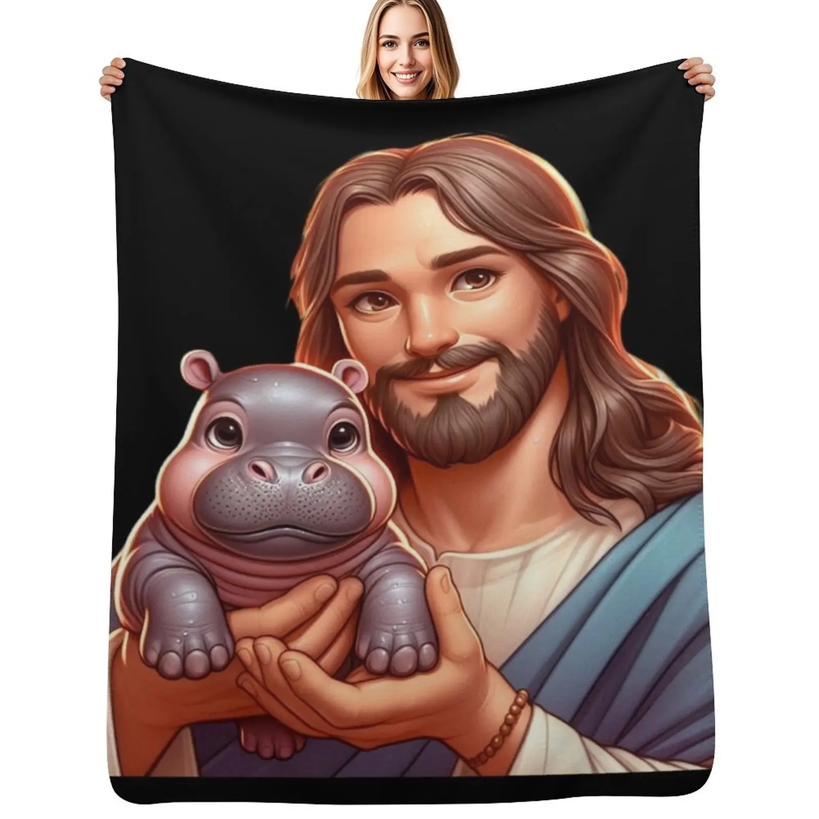 

Jesus Carrying Moo Deng Throw Blanket Personalized Gift Luxury Picnic Blanket