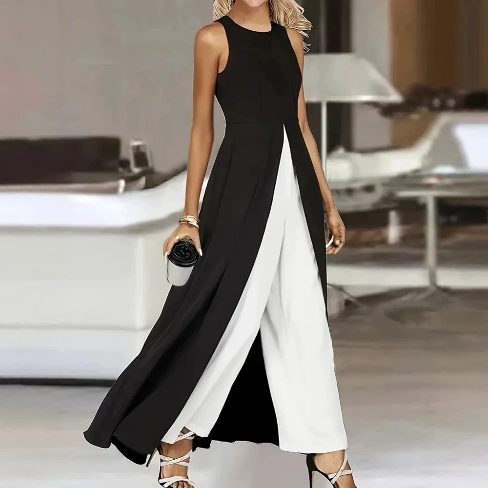 レディース サマー ジャンプスーツ ファッション コントラストカラー ノースリーブ クルーネック フルレングス ワイドレッグ