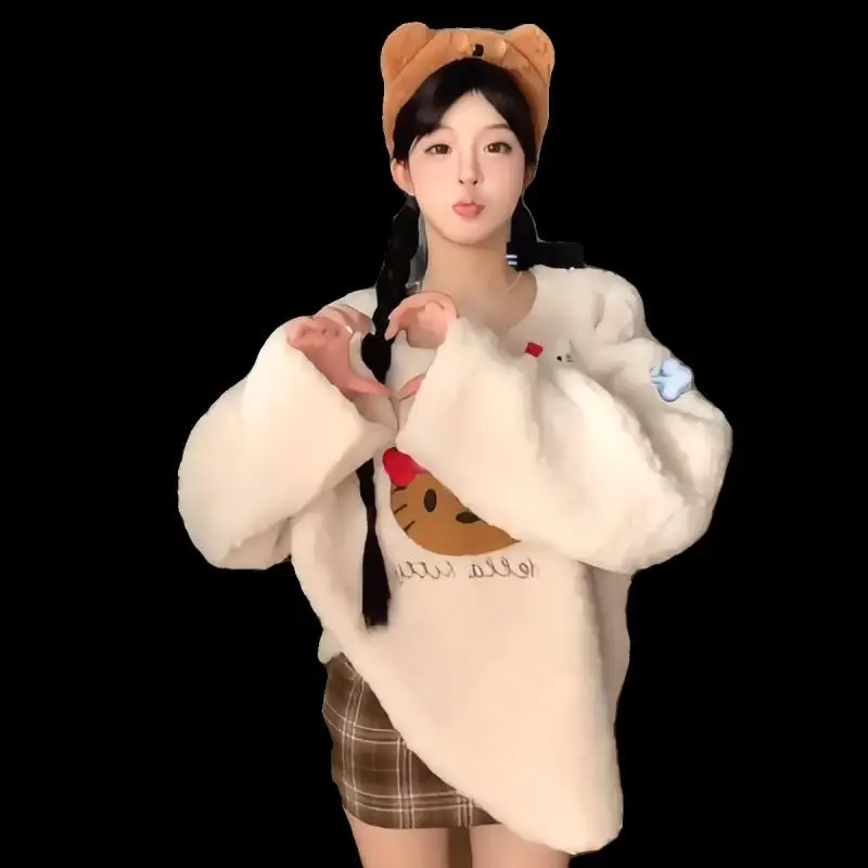 

Популярный кавайный свитер «Hello Kitty», осенне-зимний свитер для девочек, милый милый свитер с рисунком из искусственного меха, повседневный свитер для пары, куртка