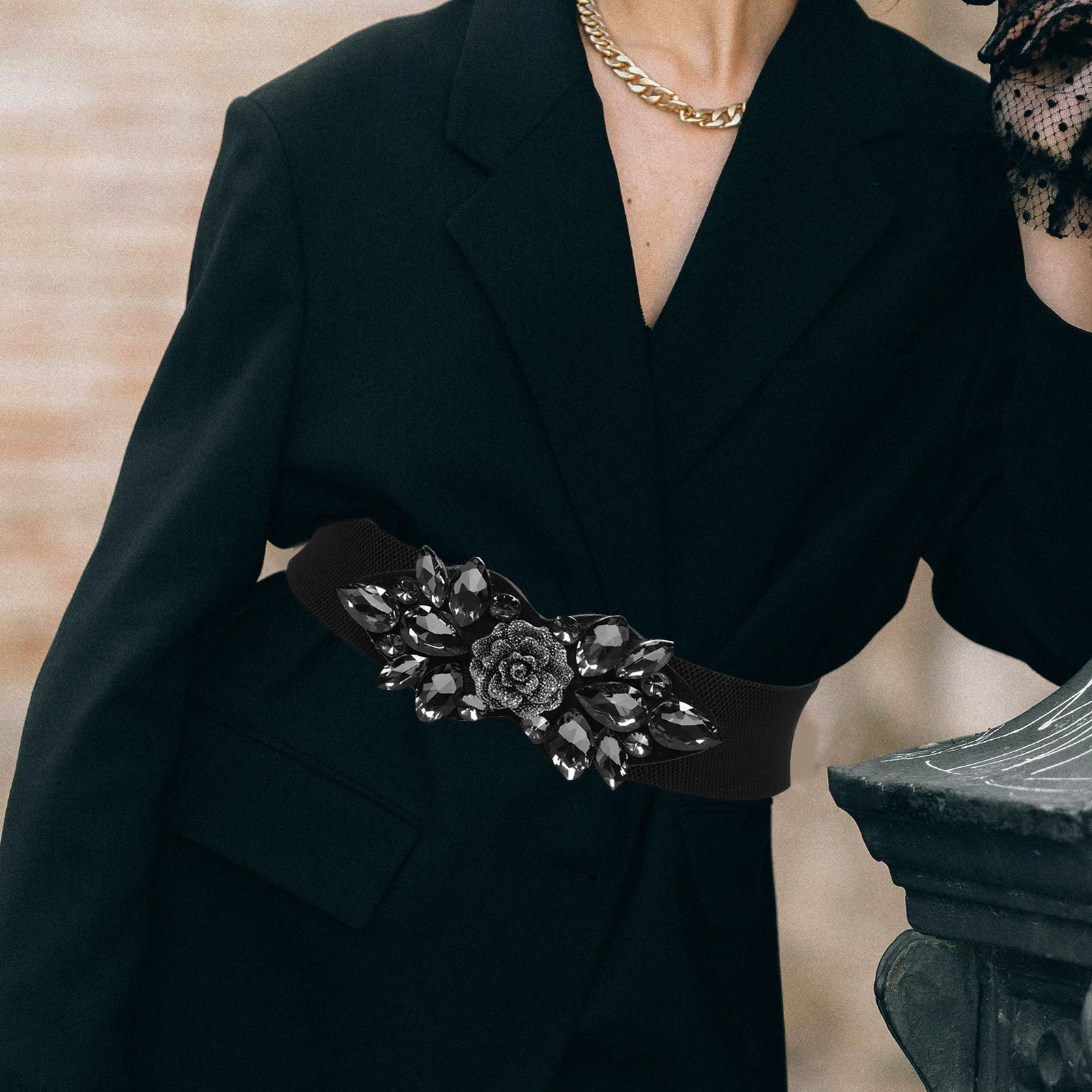 حزام خصر مرن من حجر الراين أسود عريض مشد حزام فستان مطاطي للارتداء الرسمي ملابس الحفلات فستان حجر الراين أحزمة واسعة