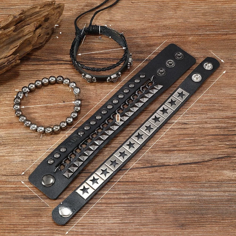 Nowy Zestaw Biżuterii Faion: Wielowarstwowa Szeroka Skórzana Bransoletka, Stopowa Czaszka, Gwiazda, 4 Elementy, Dominujący, Osobisty Dodatek