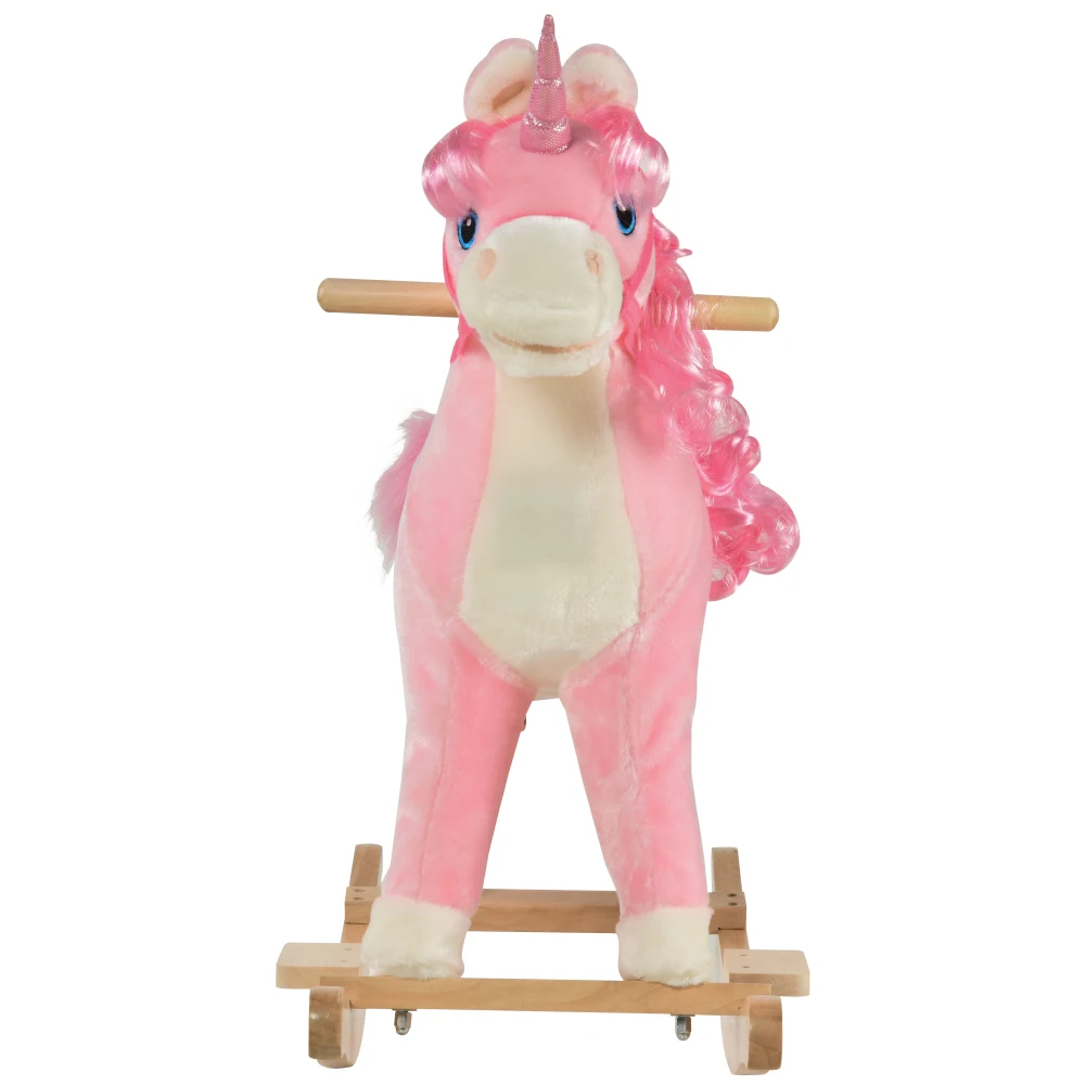 Rocking Horse, Kids Ride on Horse Unicorn Design with Wooden Base, Tail Wag & Sounds for Toddlers 3-6 Years Old, Pink