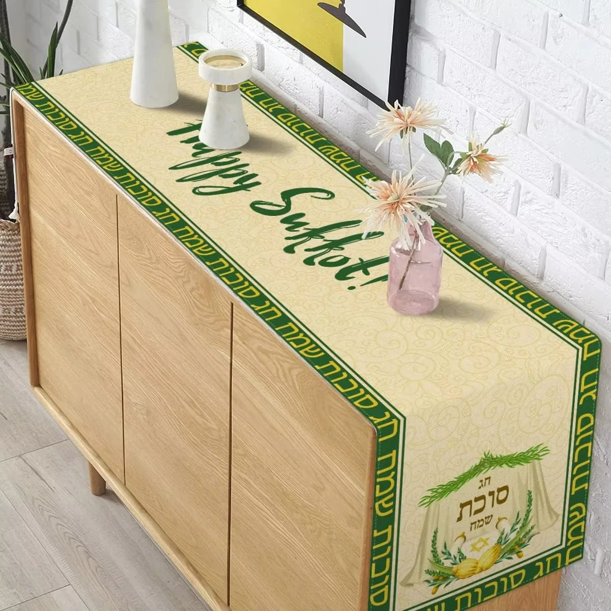 Sukkot Festival Linen Table Runner with Etrog Lulav Pattern, Jewish Holiday Decor for Kitchen Dining Table Setting