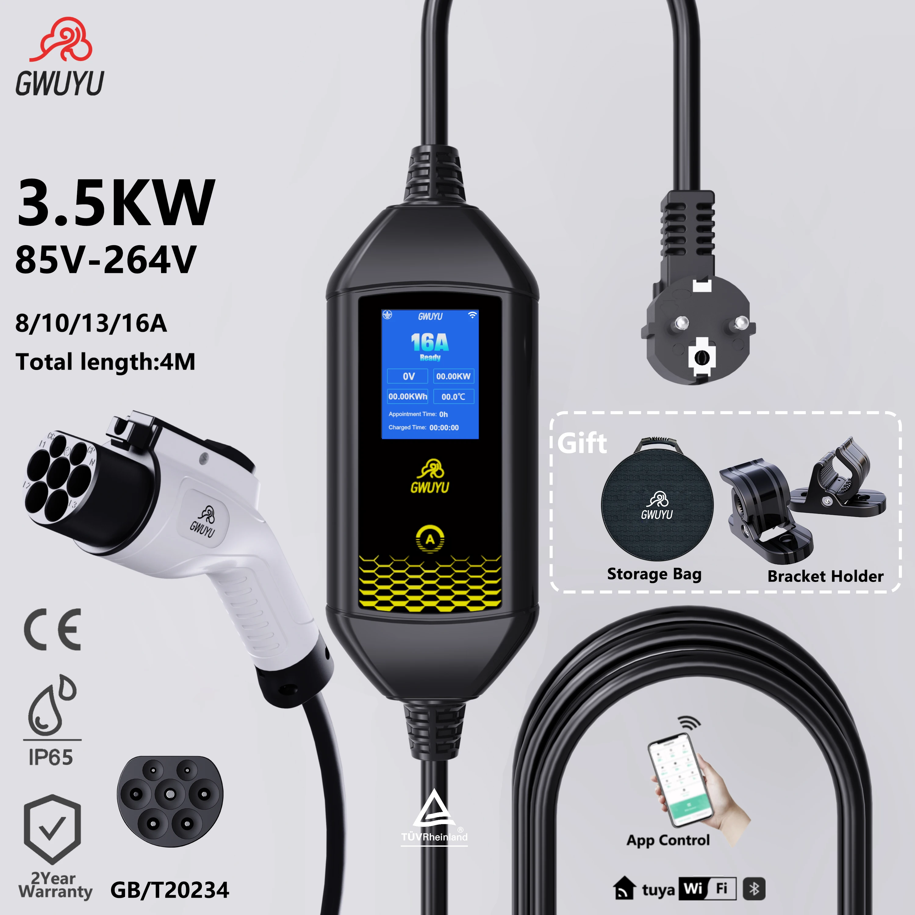 GWUYU 3.5KW Portable Electric Vehicle Charger - Type 2 & Type 1 GB/T EVSE Charging Cable with APP Wi-Fi Free Gift: Bag and Stand