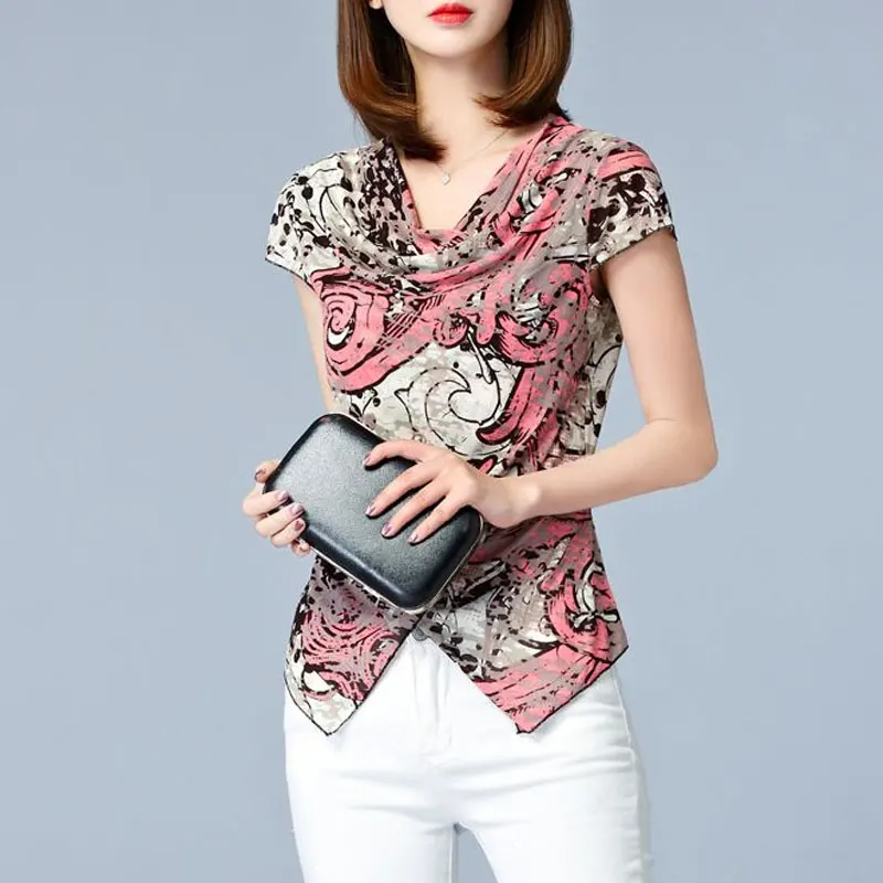 Female Clothing Stylish Asymmetrical T-shirt Casual Slim Summer Commute Vintage Printed Elegant V-Neck Short Sleeve Pullovers