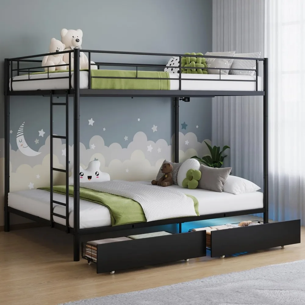 

Full Over Full Metal Bunk Bed with LED Lights, USB Charging Station, 2 Drawers, Guard Rails & Ladder – No Box Spring Needed, Eas
