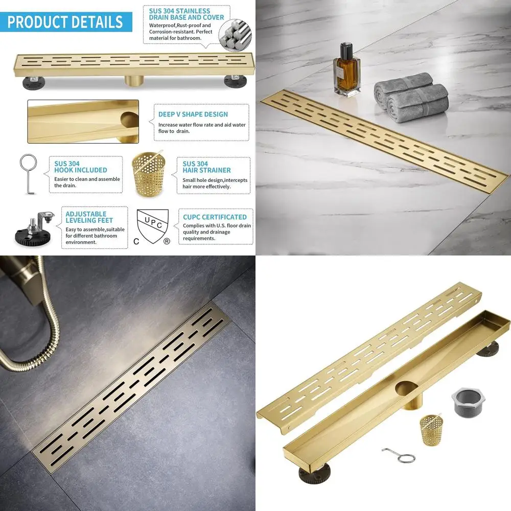 

Modern Brushed Gold 32 Linear Shower Drain with Removable Grate, SUS-304 Stainless Steel, Hair Strainer, Leveling Feet, Bathroom