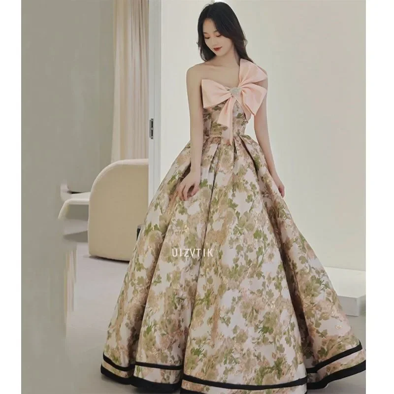 

Floral Long Prom Dresses Women Sexy Off-Shoulder with Big Bow Party Evening Dress Elegant French Style Formal Occasion Dress