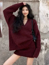 Women Elegant Solid Skirt Set 2 Piece Autumn Knit V Neck Long Sleeve Sweater Loose Mini Skirts Female Fashion Party Suits