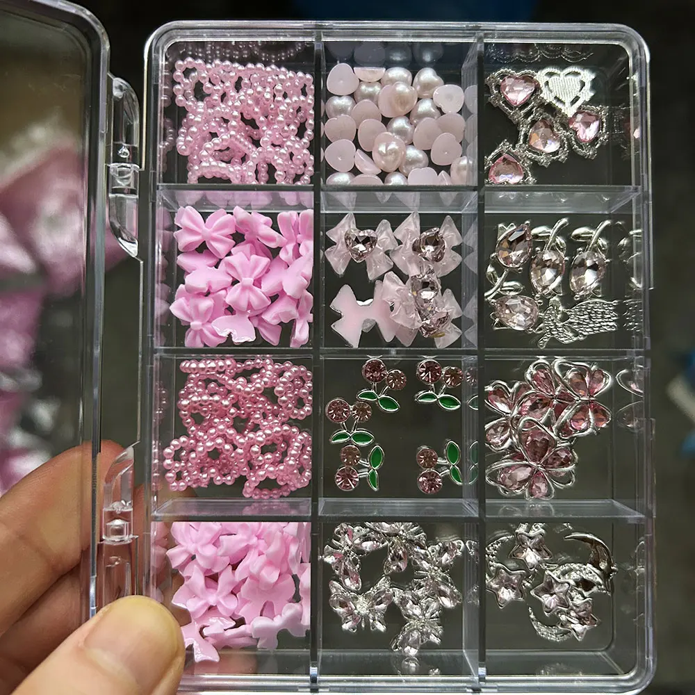 

12 сеток 3D сплава вишня бабочка сердце розовые стразы милые Y2K смола розовый бант жемчуг сердце любовь дизайн ногтей подвески милые ногти