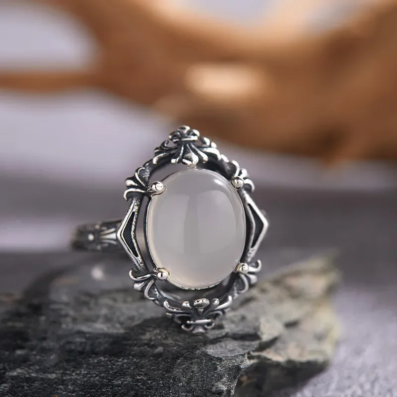 S925 sterling silver inlaid with natural malachite white agate blue gold color treasure Thai silver ring retro hollow pattern