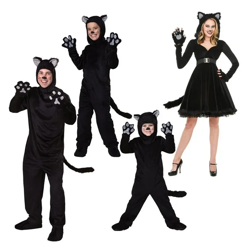 

Halloween Adult Kids Black Cat Costume Cosplay Animal Black Cat Parent-child Stage Performance Costumes