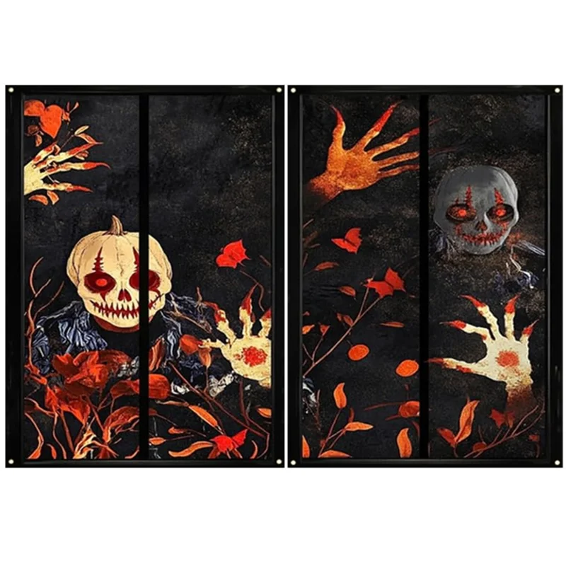 

ABUI-Halloween украшения для окон, комплект из 2 шт., ужасный плакат с черепом, стиль ужасов, украшение для дома и улицы, вечеринки