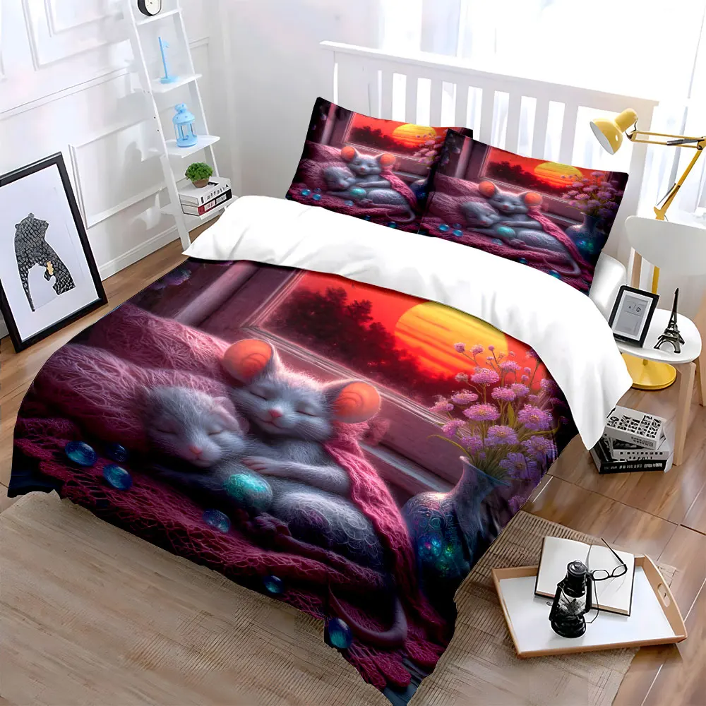 Cute Mouse Sunset Decor Set, Multiple sizes kid's and adults' bedroom Exquisite 3PC bedding set, gift