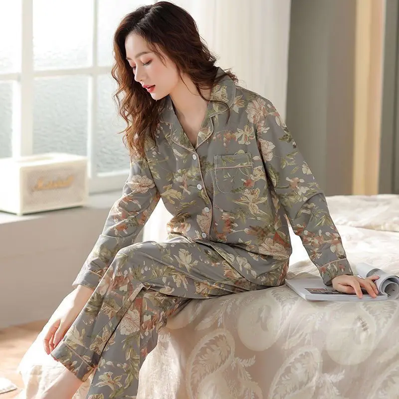 Print Sleepwear Women Pajama Sets Long Sleeve Long Pants Homewear Sets Kawaii Clothes Korean Fashion Cardigan New