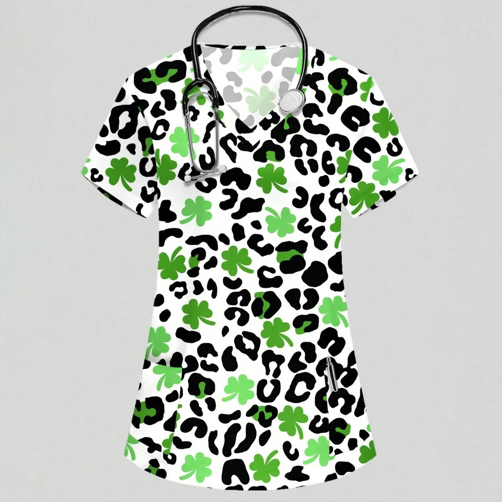 Women's Hospital Uniform Elegant Butterfly Print Obstetrics Nursing Tops V-Neck Micro-Stretch Short-Sleeved Tees Medical Clothes