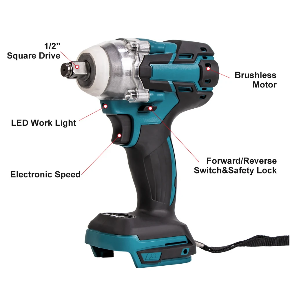 Electric Impact Spanner 1/2 Socket Battery Electric Drill Rechargeable Electric Screwdriver Max 520Nm for Makita 18V-21V Battery