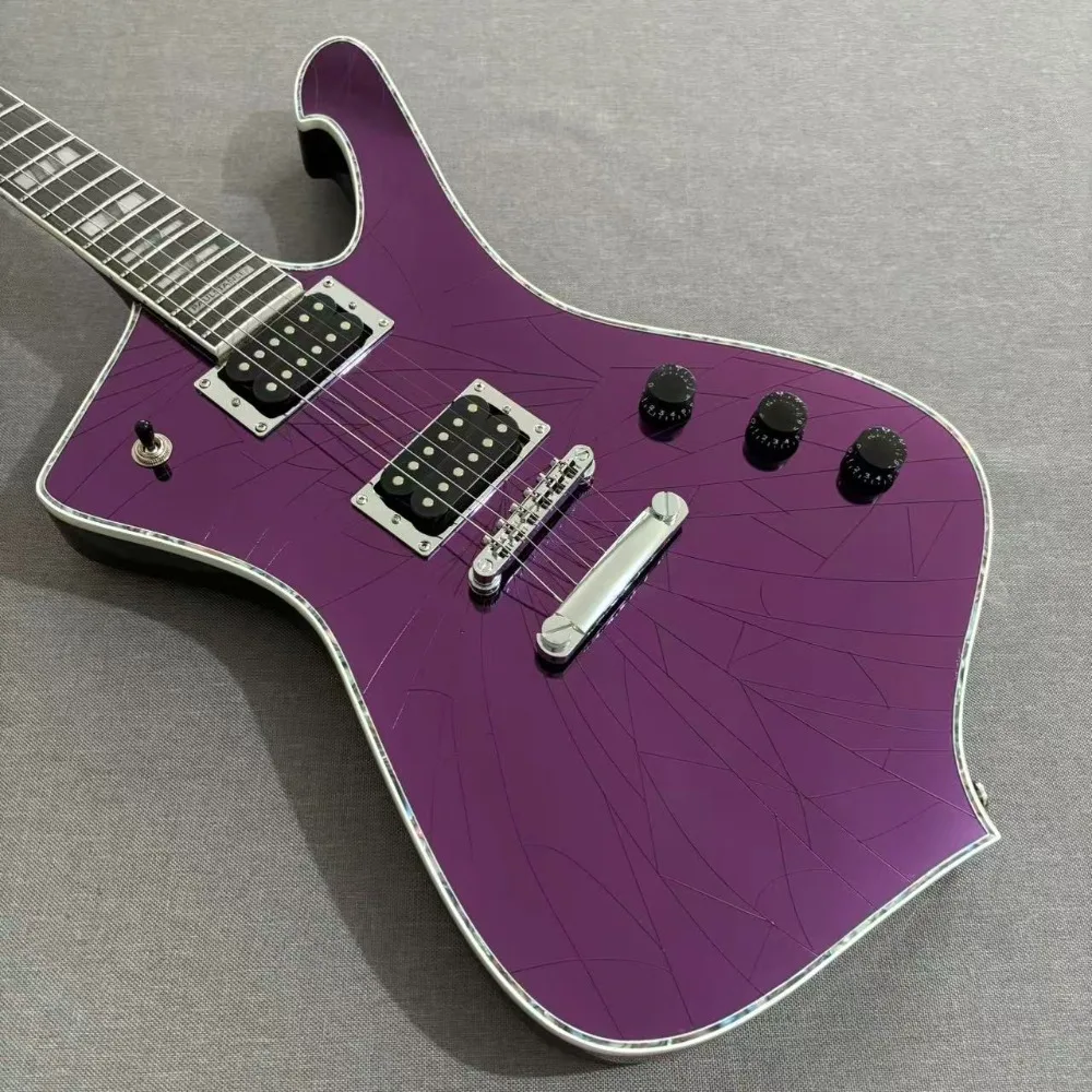 Purple 6 String Electric Guitar Solid Mahogany Body Unique Irregular Body Scratch Texture Finish Smooth Rosewood Fingerboard Rich Heavy Tone for Metal Rock Performance