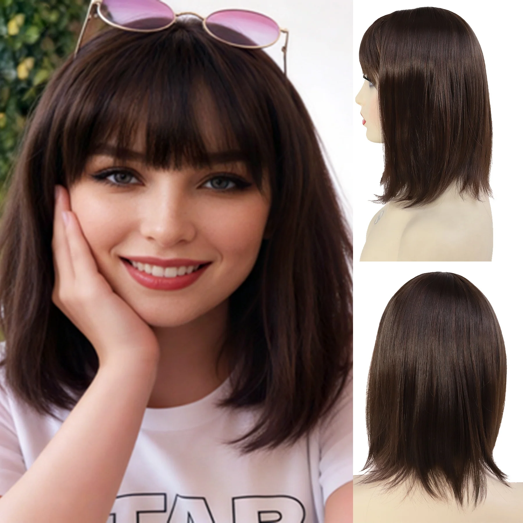 

Синтетический короткий прямой темно-коричневый парик с челкой для женщин, универсальный модный парик-каре для повседневного использования, натуральный вид, искусственные волосы, повседневный стиль