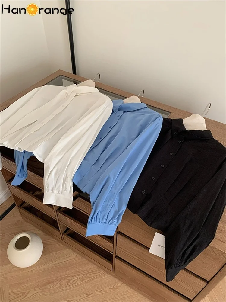 HanOrange 2025 Unique Scarf Collar Irregular Shirt Women Long Sleeve Spring Summer Temperament Top White/Blue/Black
