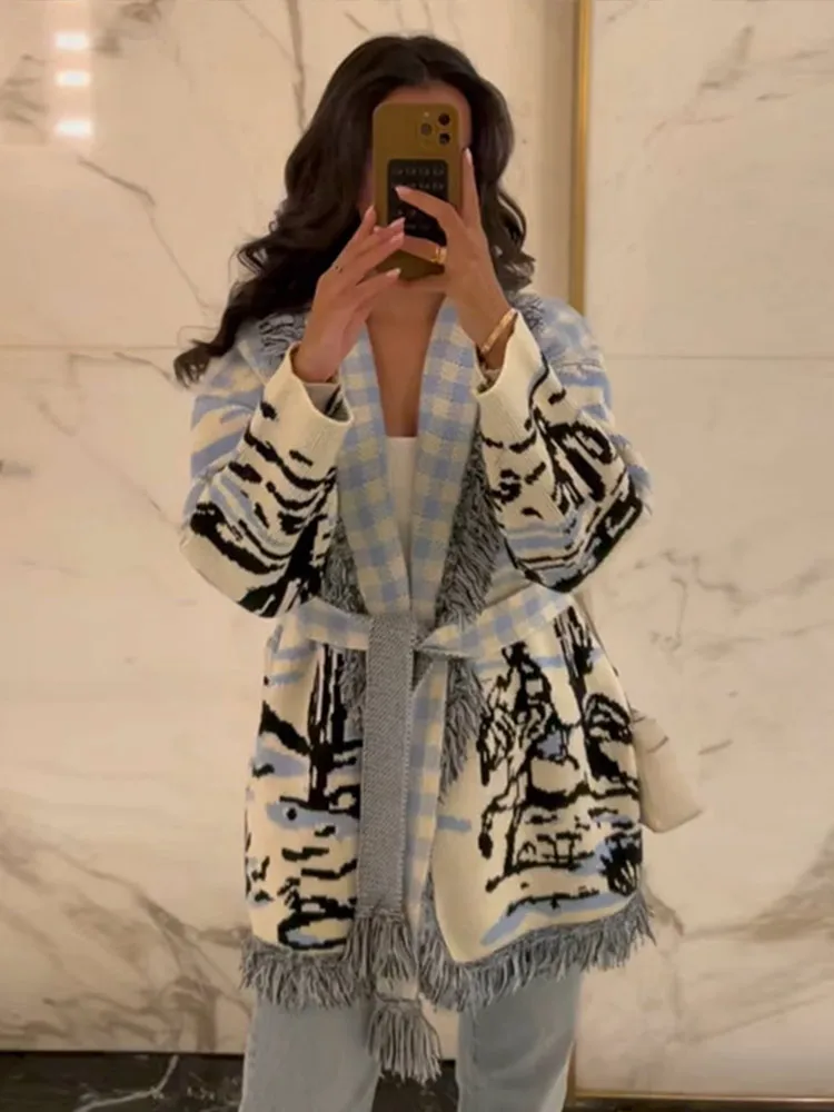 Open Stitch Tassel Lace Up Loose Long Blue Women's Sweater Full Sleeve V-neck Stamp Cardigan 2026 Spring Autumn Fashion Knitwear