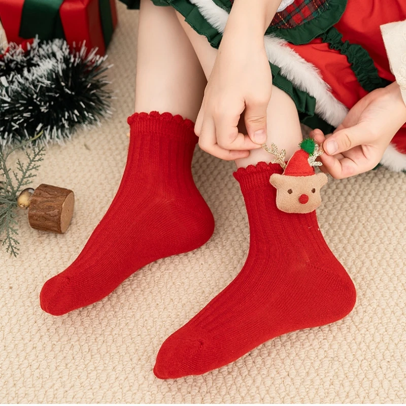 Christmas Socks for Kids Toddler Baby Girls Cotton Bow Short Socks Children\'s New Year Gifts