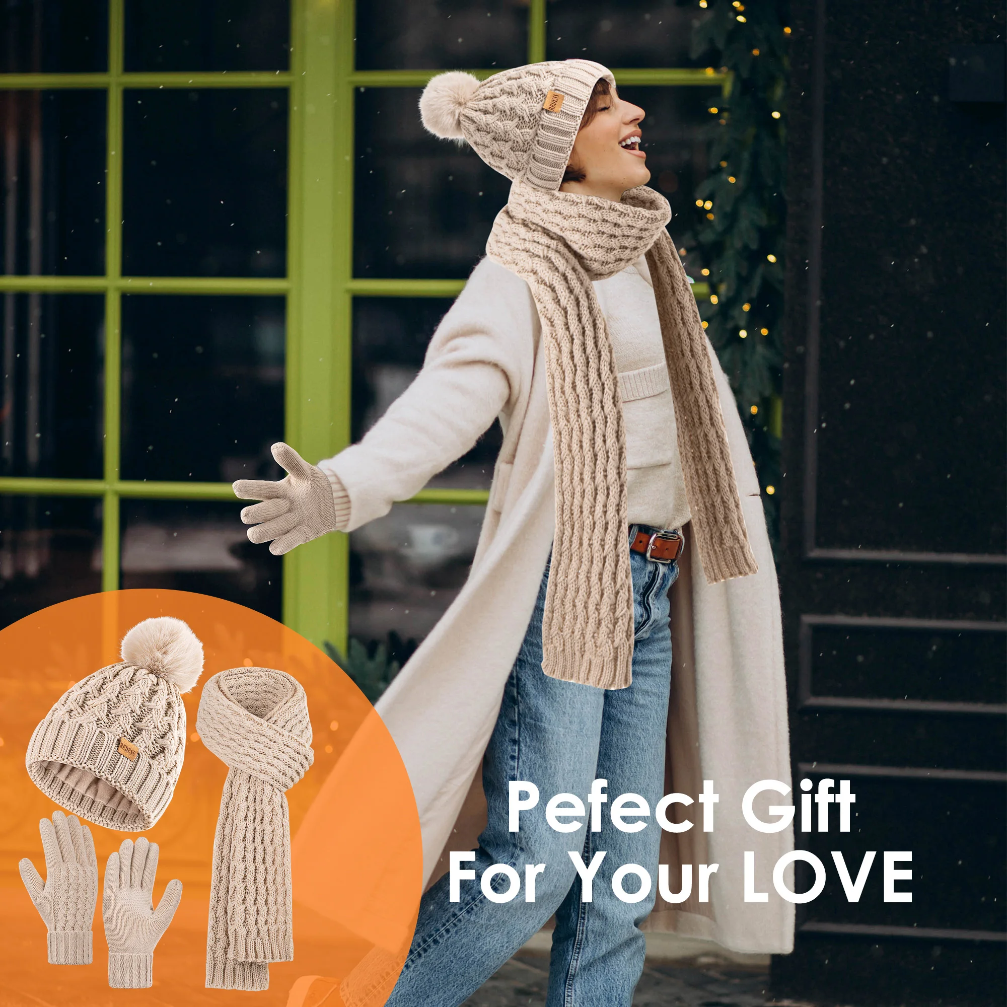 Womens Winter Beanie Hat Touchscreen Gloves Long Neck Scarf Set Warm Knit Caps