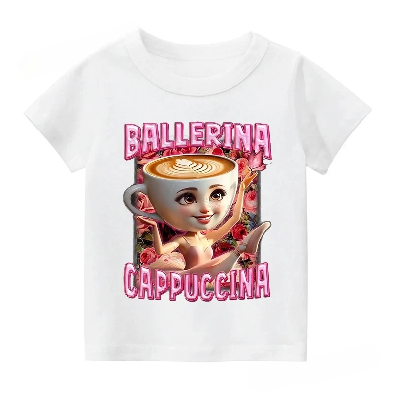 

Summer Italian Brainrot Cotton Girls T-shirt Children Clothes Cute Ballerina Cappuccino Print Baby Tees Tops Fashion Kid Clothes