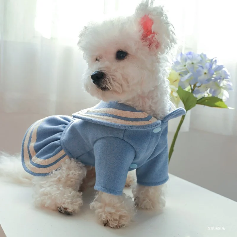 1PC Pet Apparel Cat Dog Autumn and Winter Thickened Warm Blue Gold Label Princess Dress Suitable for Small and Medium sized Dogs