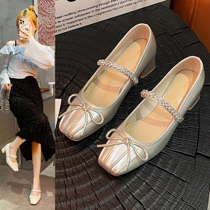 2025 الفرنسية ريترو جين أحذية امرأة البيج أحذية أنيقة الراحة تنوعا Bowknot واحدة chaussure فام