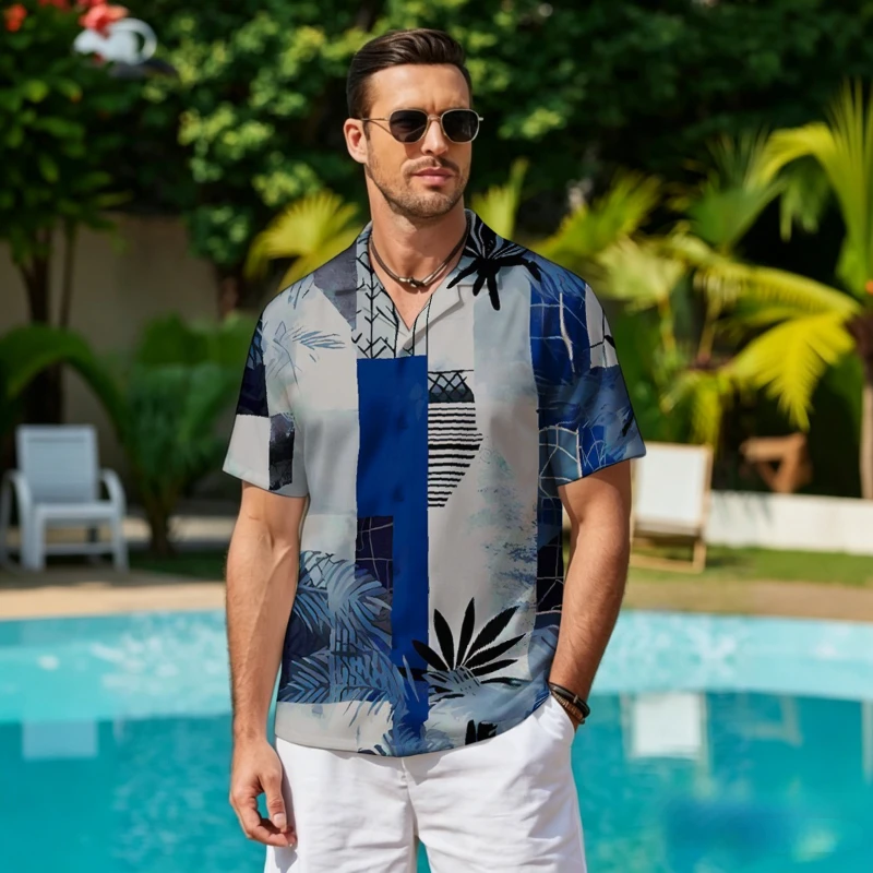 

Men's Patchwork Leaf Print Shirt 2026 Oversized Summer Cuban Collar Short Sleeve Button Down Beachwear Tops Casual streetwear