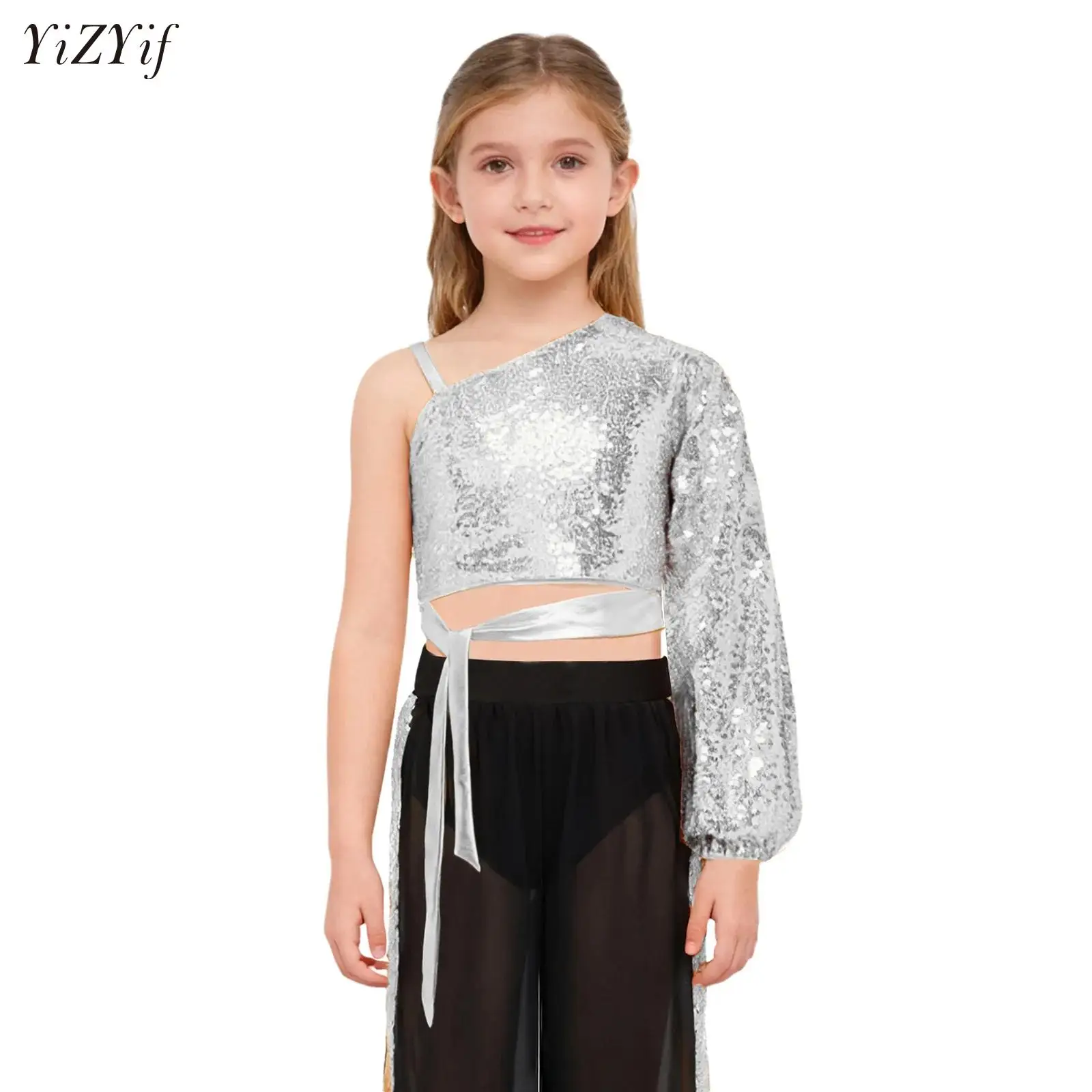 

Kids Girls Shiny Sequin Crop Top One Shoulder Long Sleeve Party Tee Hip Hop Jazz Dance Shirt Lyrical Dance Performance Clothes