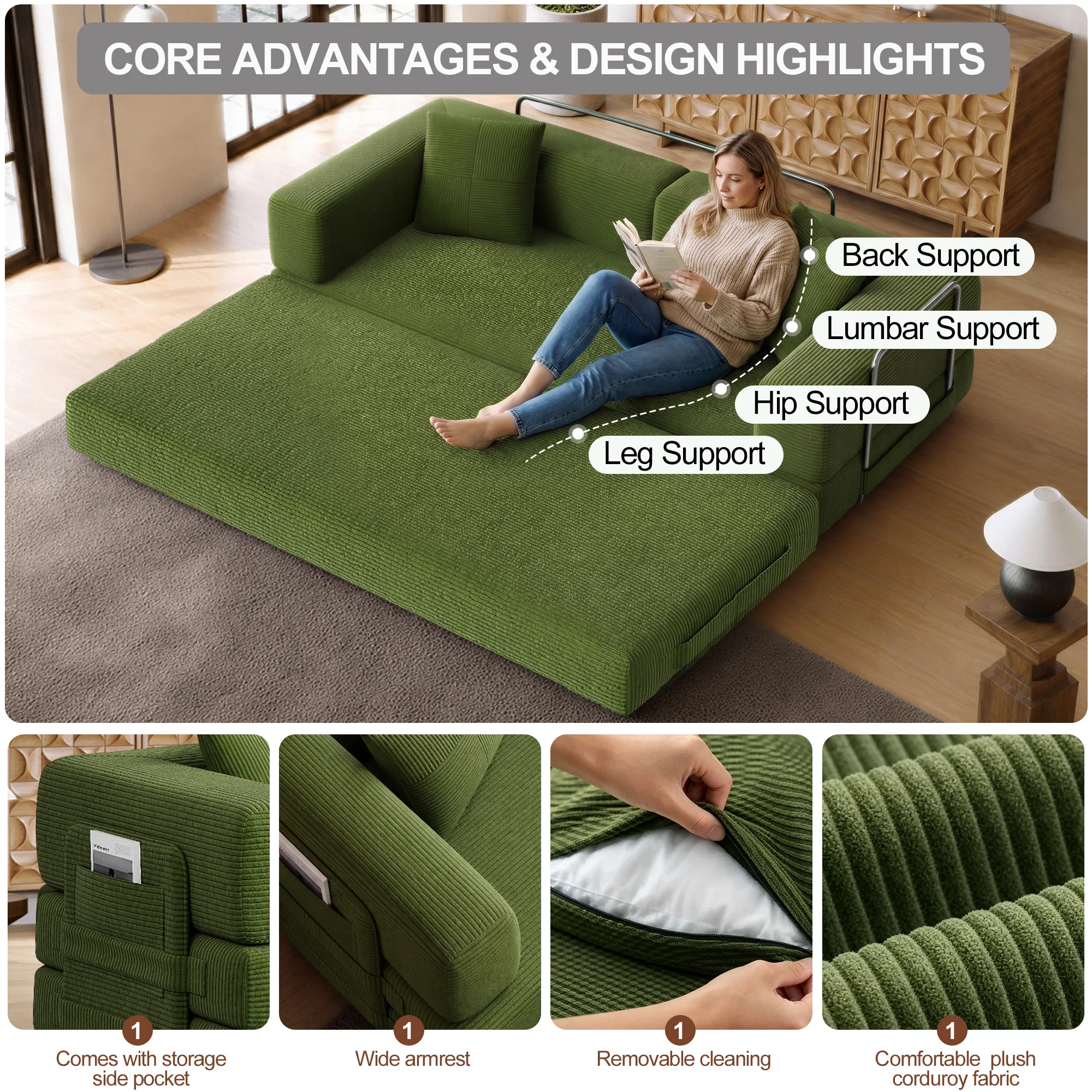 Modular Floor Sofa Frameless Compression Straight Couch 3 Seater Convertible Lazy Sofa High Density Foam Corduroy Upholstered Living Room Apartment Furniture view 6