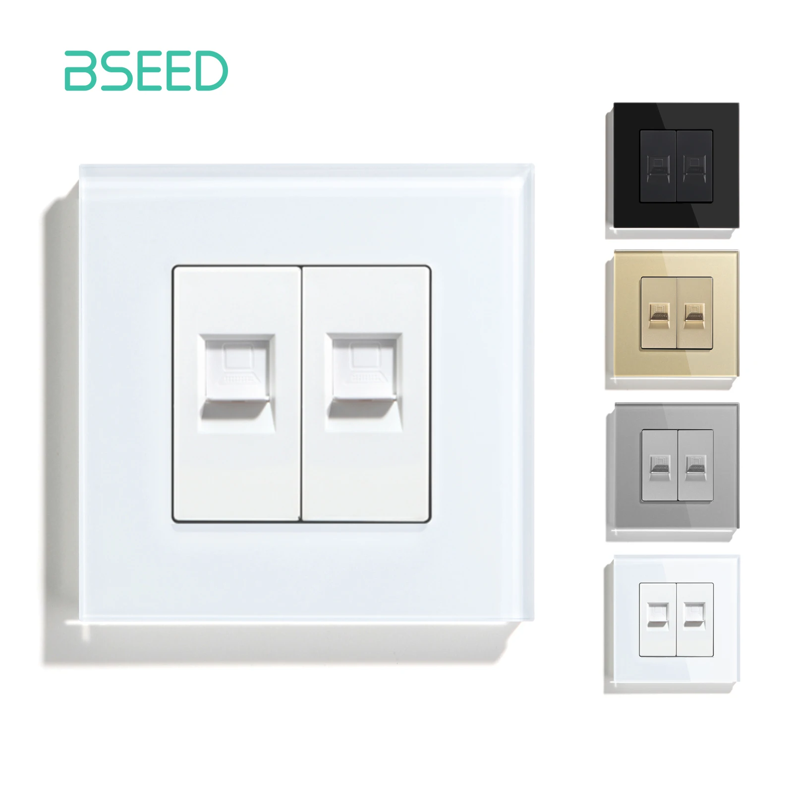 BSEED Double Internet Wall Sockets Glass CAT6 PC Power Outlets Socket Tempered Crystal Panel White Black Gold CAT5 Sockets