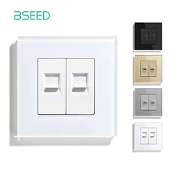BSEED Double Internet Wall Sockets Glass CAT6 PC Power Outlets Socket Tempered Crystal Panel White Black Gold CAT5 Sockets