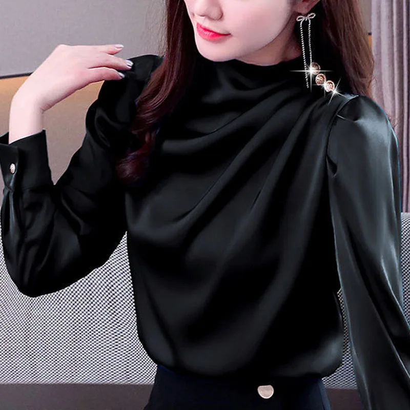 2023 New Autumn Fashion Simple Standing Neck Satin Button Long Sleeve Temperament Commuter Women\'s Slim Fit Unique Casual Shirt