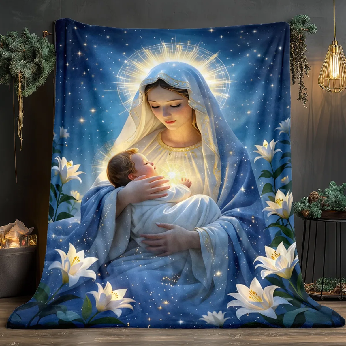 Virgin Mary & Jesus Flannel Blanket, Soft All-Season Throw, Machine Washable Christian Gift for Bed, Sofa & Travel