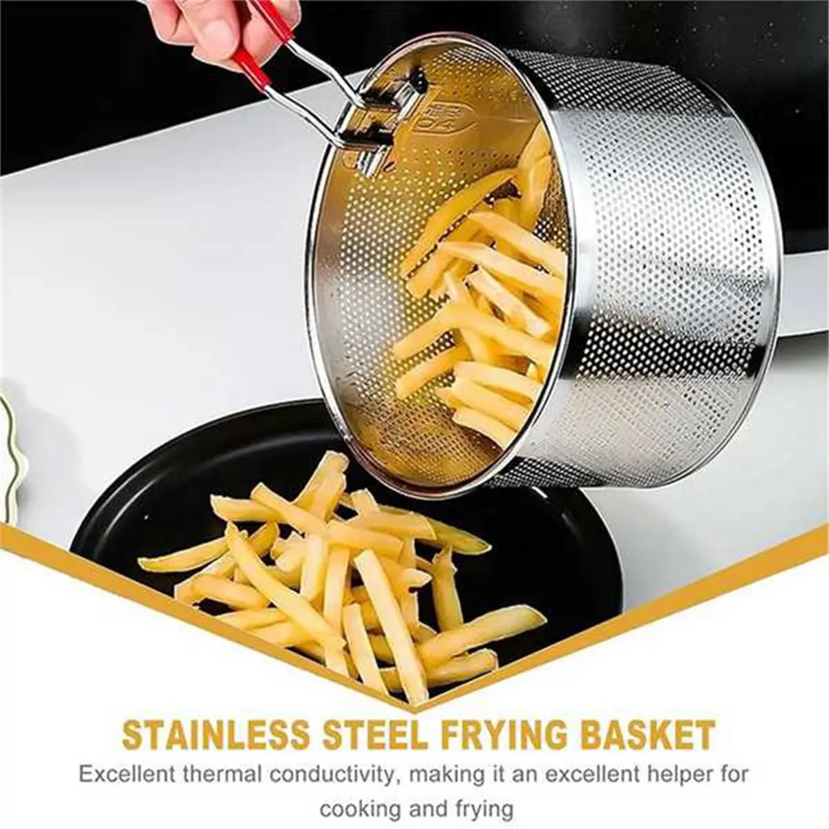 1pc Stainless Steel Fried Mesh Kitchen Fry Basket Cooking Basket Fry Pan Oil Pan Strainer Noodle Spoon Colander