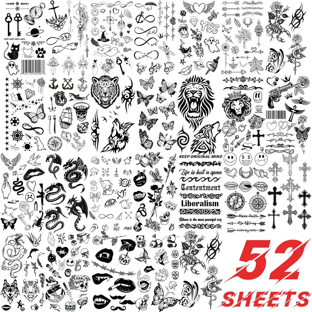 52 Sheets Small Temporary Tattoos For Adult Hands Tiny Animal Butterfly Tattoo Sticker 3D Fake Flower Infinity Cute Tatoos Kits