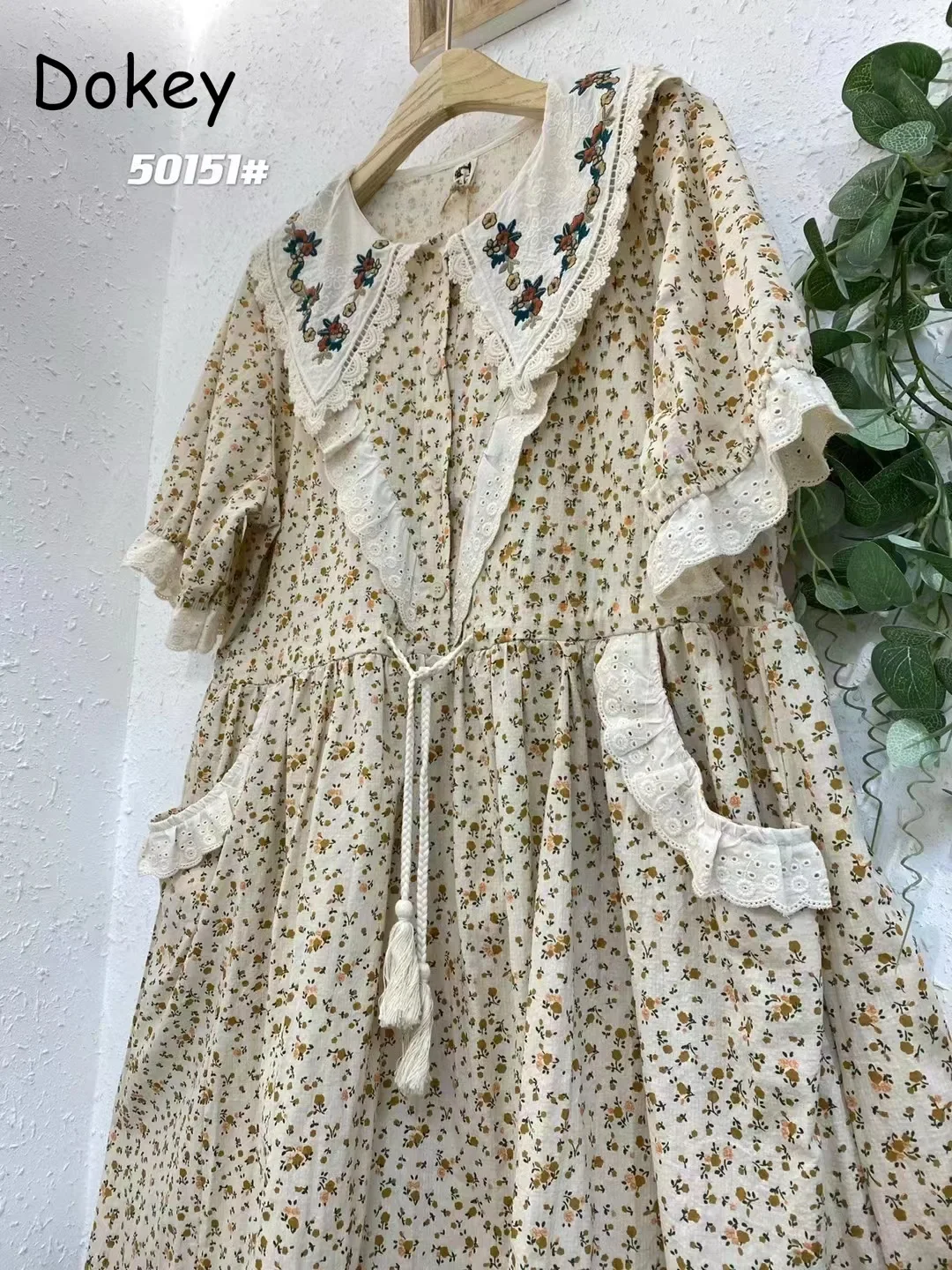 Vintage Embroidery Mori Girl Art Print Dress Women Japan Peter Pan Collar Lace-up Loose Floral Dress Casual Cotton Linen Vestido